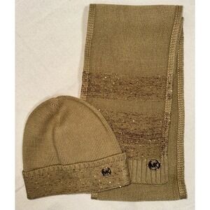 Michael Kors MK Sequin Embellished Scarf Beanie Hat Set Gold‎ Tan Camel